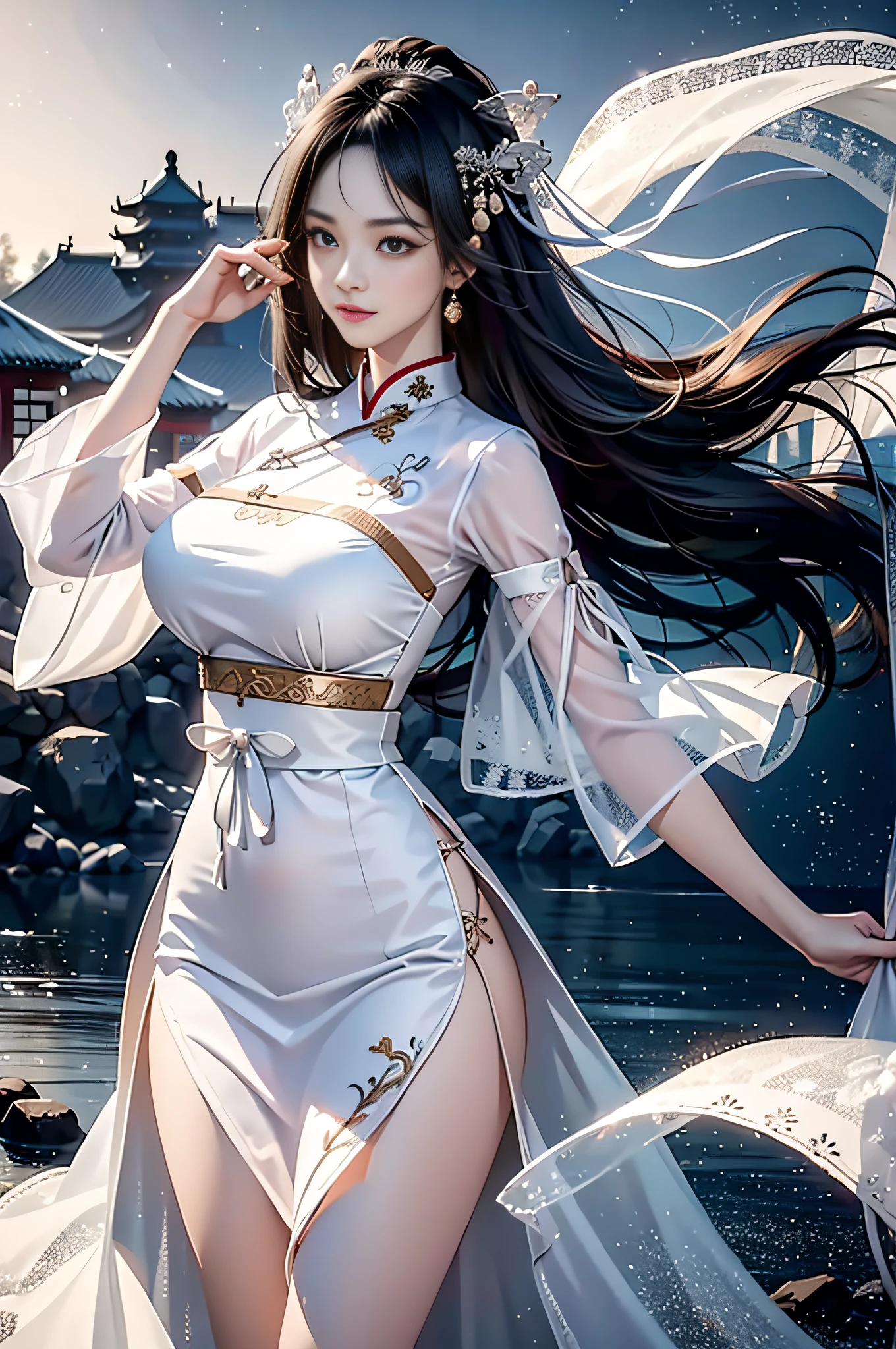 A stunning beauty，Beautiful atmosphere，Detailed facial depiction，Chinese-style coiled hair，Black hair，big bright eyes，Supple, fair, translucent skin，perfect body figure，Hanfu，White water-sleeved gauze dress，Transparent ribbon，White Hanfu embroidered bandeau，Fairy air fluttering，Light and flowy，National style，ancient wind，snow landscape，Front close-up