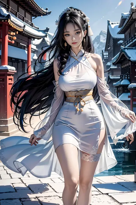 A stunning beauty，Beautiful atmosphere，Detailed facial depiction，Chinese-style coiled hair，Black hair，big bright eyes，Supple, fair, translucent skin，perfect body figure，Hanfu，White water-sleeved gauze dress，Transparent ribbon，White Hanfu embroidered bandea...