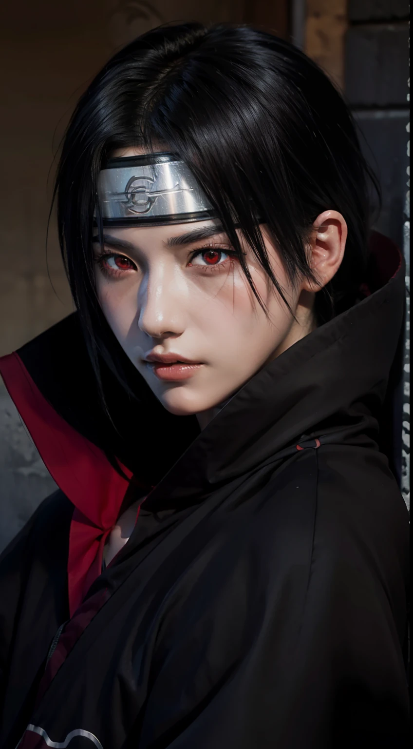 Itachi Uchiha de l’anime Naruto, cheveux noirs, cheveux courts, Bandeau, akatsuki robe, les yeux rouges, yeux de partage, regarder le spectateur, debout, corps parfait, Regard perçant.