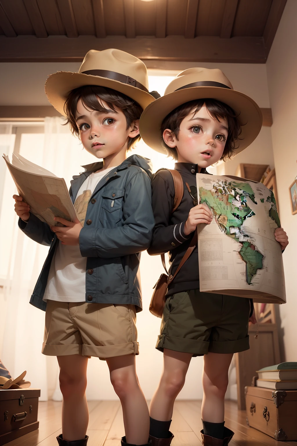 El pequeño explorador, niño con sombrero y niña, eran dos hermanos