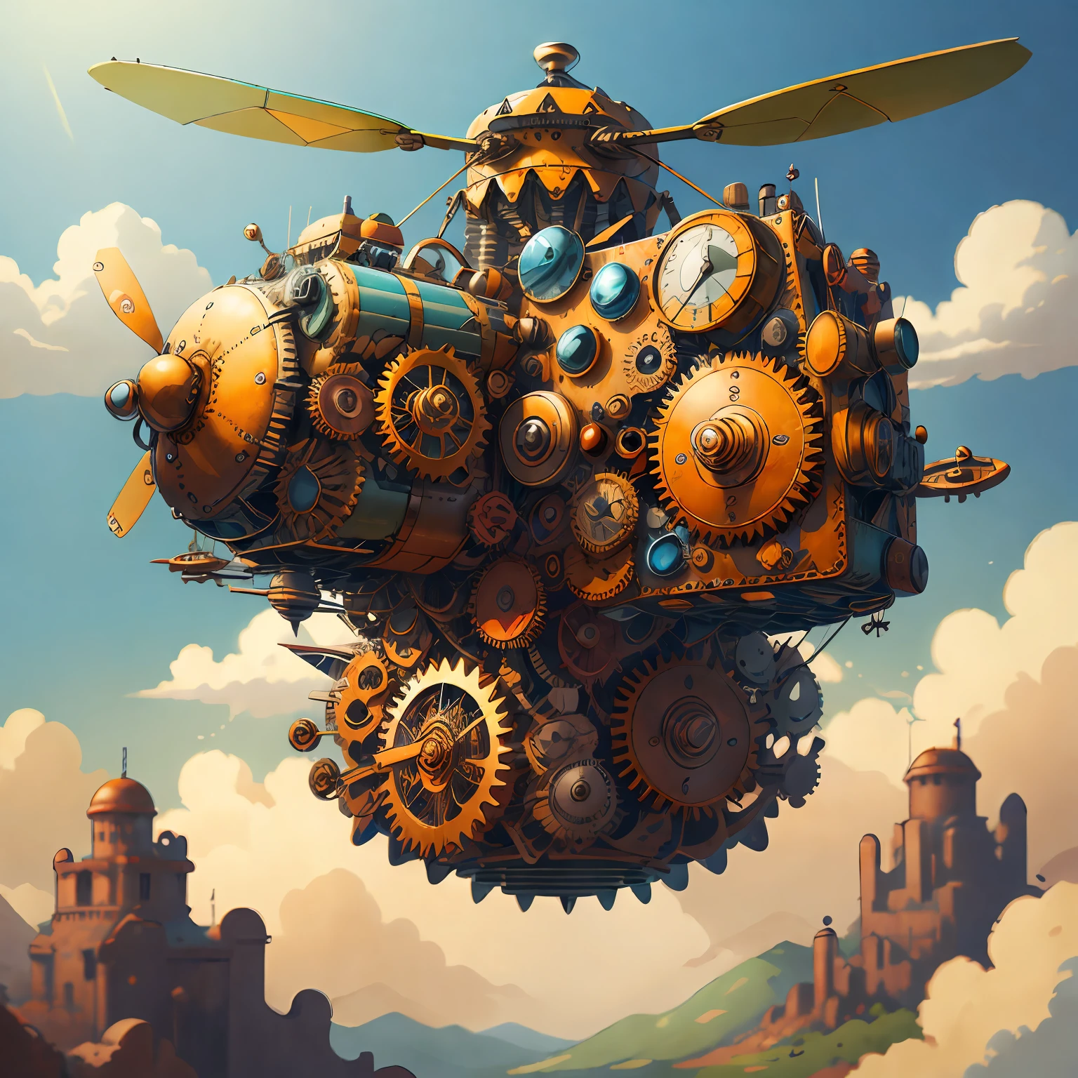 There is a steam powered flying machine with a clock on it SeaArt AI
