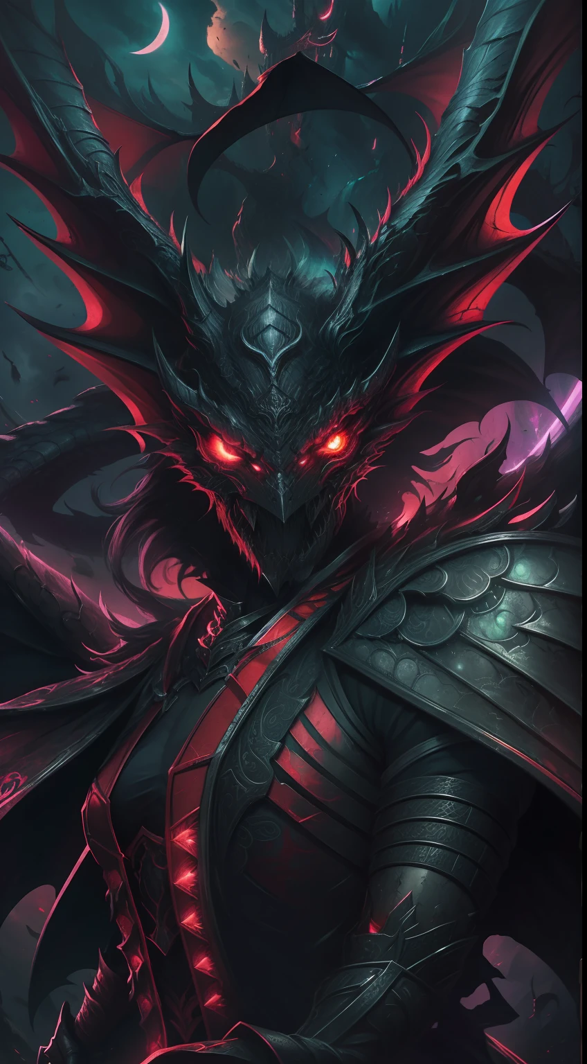 high high quality，Best quality at best，Realiy，Super realistic，super detailing,tmasterpiece，A high resolution，8K，Very realistic，Hellbringers，Black-scaled youkai, Black-scaled youkai，red - eyed，Meniscus，a close up of a person with a sword and a demon, Demon Dragon Inspired Scales, Dark black scaly yokai, Demon bat wings，Epic fantasy digital art style, Demon Black Scale Yokai, evil knight, dan mumford tom bagshaw, dark fantasy style art, Epic fantasy art style, Dragon Knight, dark fantasy art style, Shadow scales, Epic fantasy art style HD, dark fantasy digital art，"Artistic image type: {Perched on the top of the cybernetic dragon, The masked woman investigates the vast cyber metropolis below. Masks, Infused with neon lights, Contrast her technically enhanced body, Embedded LEDs and retractable technology weapons shine. In a striking pose, She seemed ready to act, A fusion of ancient legends and visions of the future}, Dragon Knight Ghost, Excellent location，with city view, (Vibrant neon lighting:1.5), (Digital painting:1.25), (4K:1.2). environment: panoramic view of a city，Bats fly across the skyline."