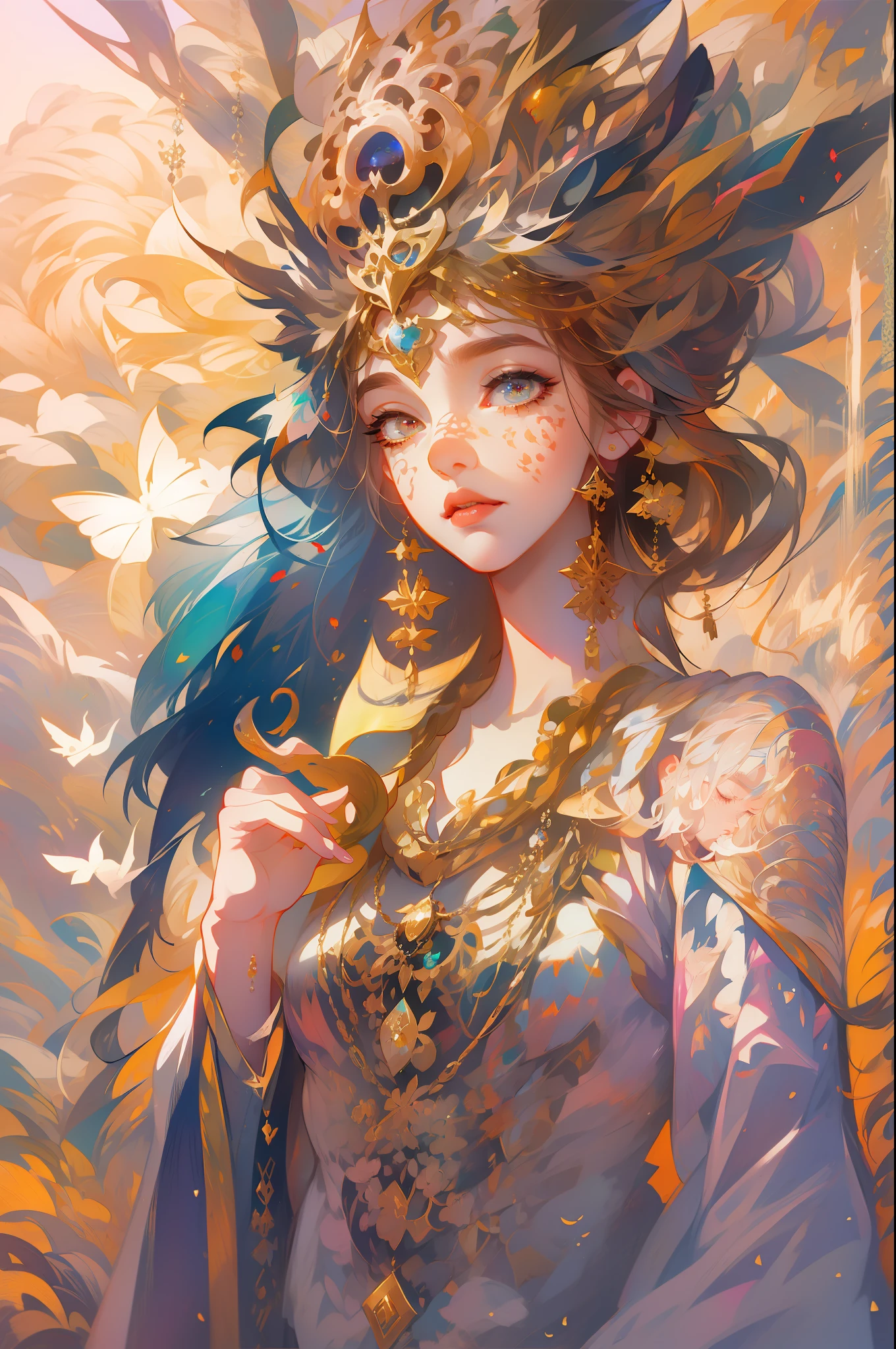 a painting of a woman with a bird on her head, detailed digital anime art, anime fantasy illustration, detailed matte fantasy portrait, goddess close-up portrait, goddess portrait, detailed portrait of anime girl, anime fantasy artwork, goddess. extremely high detail, beautiful anime catgirl, fantasy portrait, ((a beautiful fantasy empress)), korean art nouveau anime, detailed anime art