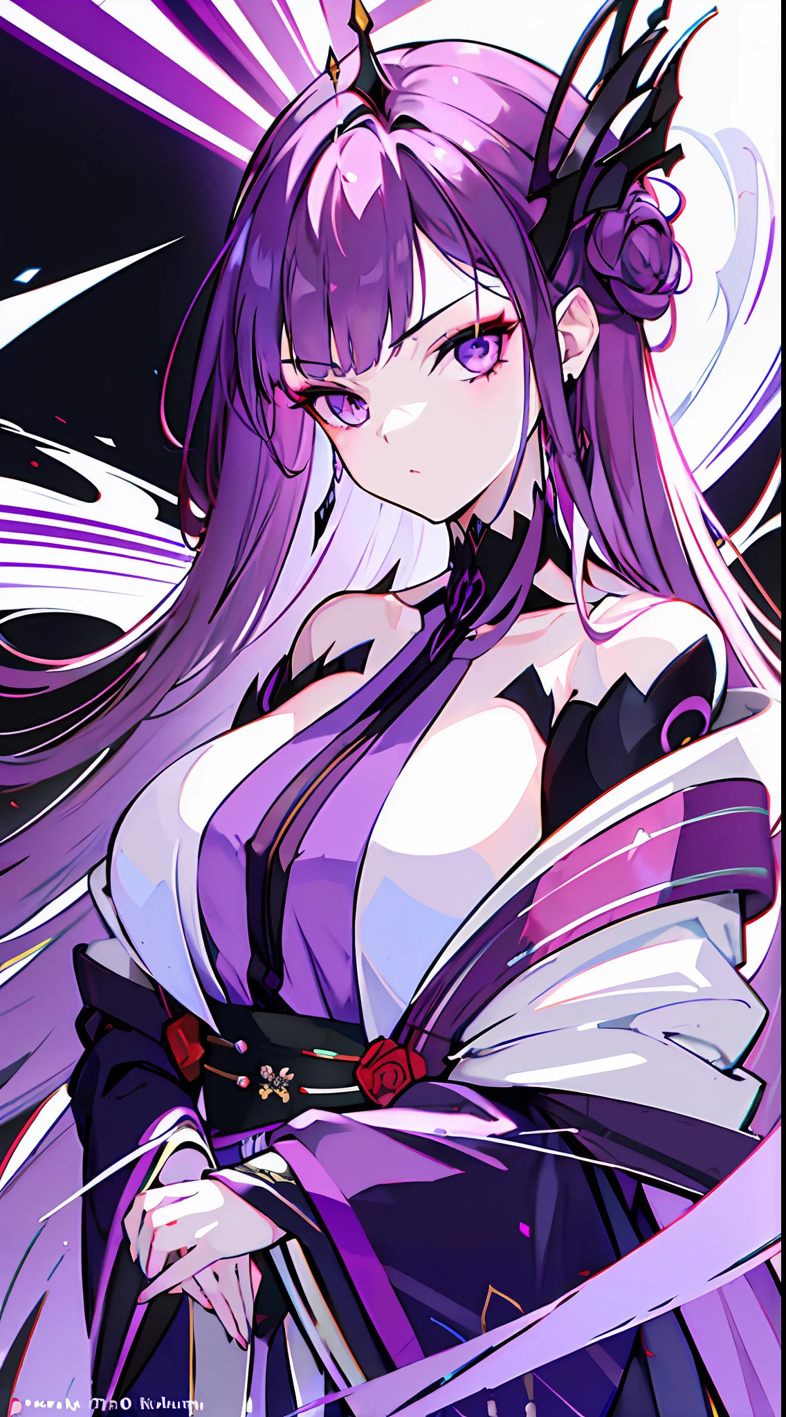 "1girl with long flowing purple hair and captivating purple eyes, dressed in an elegant kimono, exuding an aura of leadership and royalty. The artwork should be in absurdres, with high-resolution details and ultrasharp clarity, perfect for an 8K masterpiece. The girl should be looking directly at the viewer, creating a sense of connection and engagement."