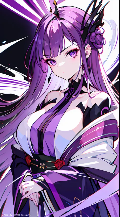 "1girl with long flowing purple hair and captivating purple eyes, dressed in an elegant kimono, exuding an aura of leadership an...