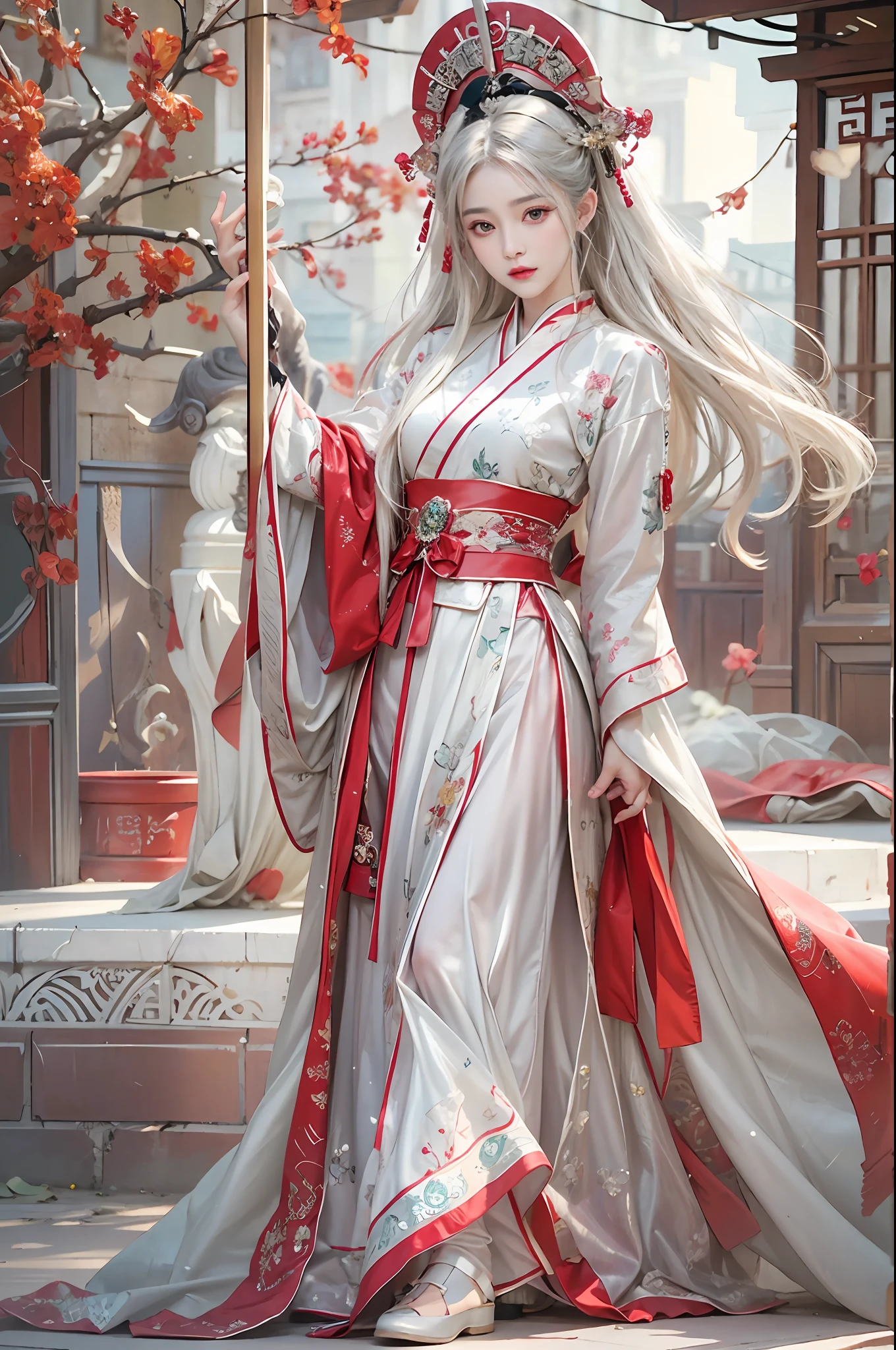 photorealistic, high resolution, soft lights, 1women, shiny skin, finely detailed skin, solo, hips up, look at viewer, (detailed face), white hair, long hair, red wedding hanfu, zshf