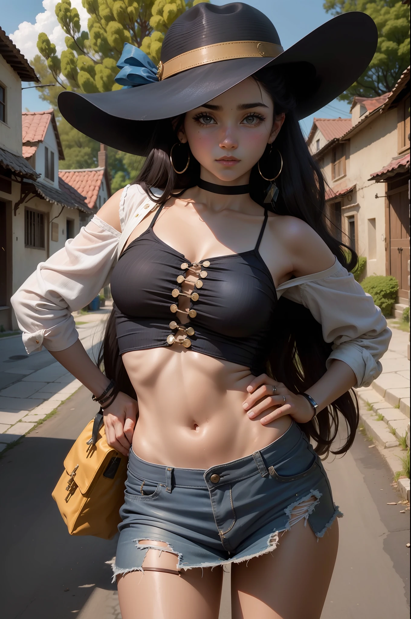 a beautiful cowgirl. She is in the middle of the street in a small village. She holds two large revolvers..., one in each hand, Wear denim clothing, a hat and high boots. Her hair is long and curly. It's a spectacular full-body image with a low upward tilt angle..