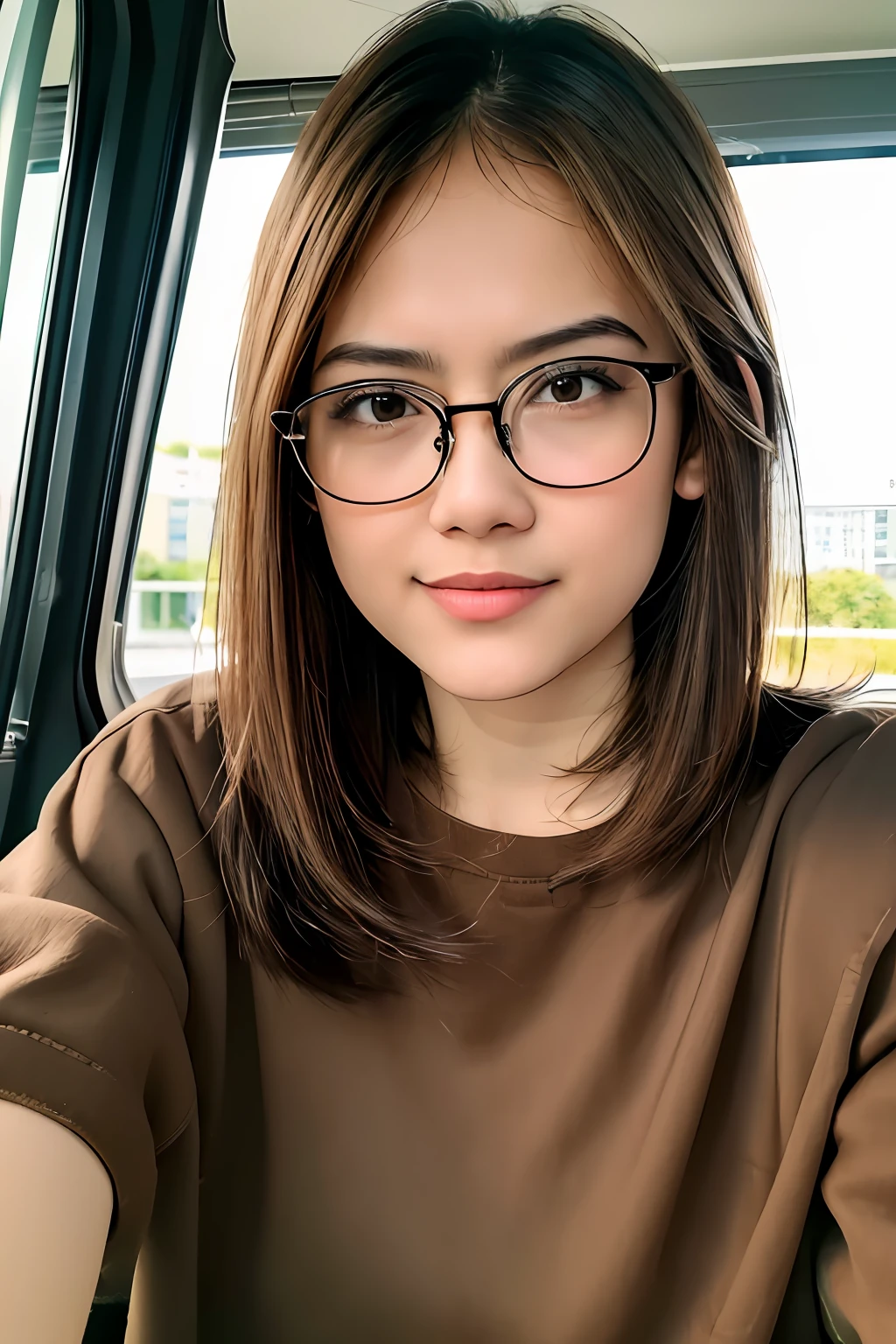 (8k, RAW photo, best quality, masterpiece:1.2), (realistic, photo-realistic:1.37),  chikajkt48, ((pureerosface_v1:0.4)),1girl, (glasses:1.4), selfie, brown_eyes, brown_hair, (short hair:1.6), open mouth, lips, long_hair, looking_at_viewer, realistic, smile, solo,