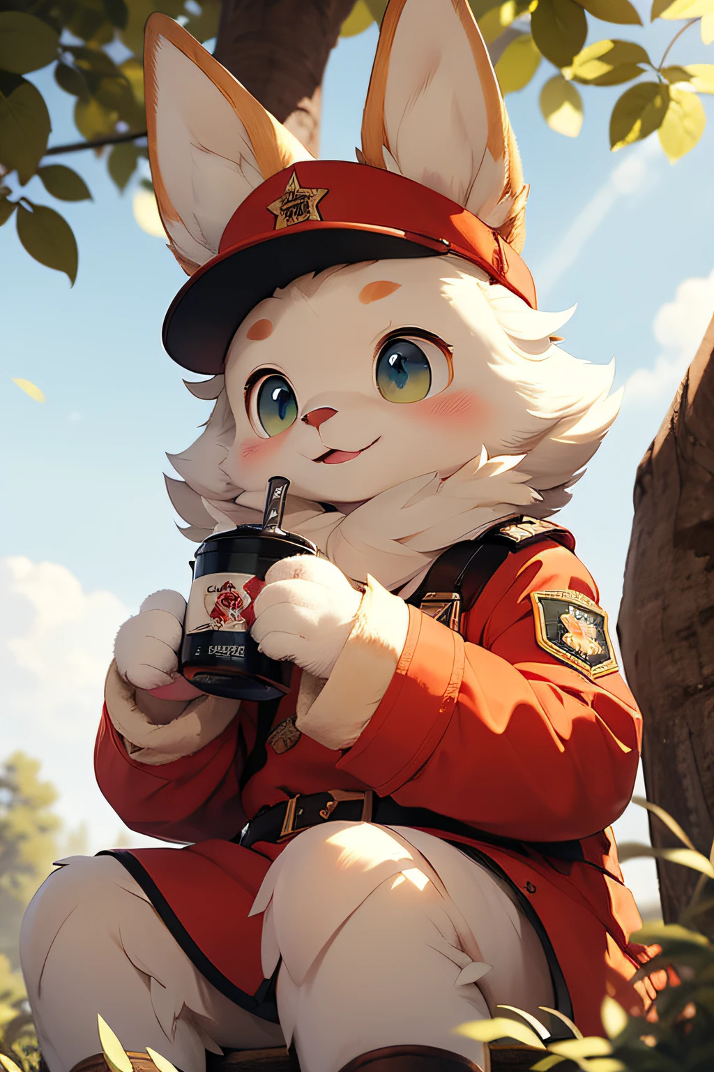 That year, It's the same with rabbits，Red Army Rabbit，Wearing a Red Army hat，Wearing a military uniform, leaning under a large tree to drink tea，Beautiful furry art，Cute furry art