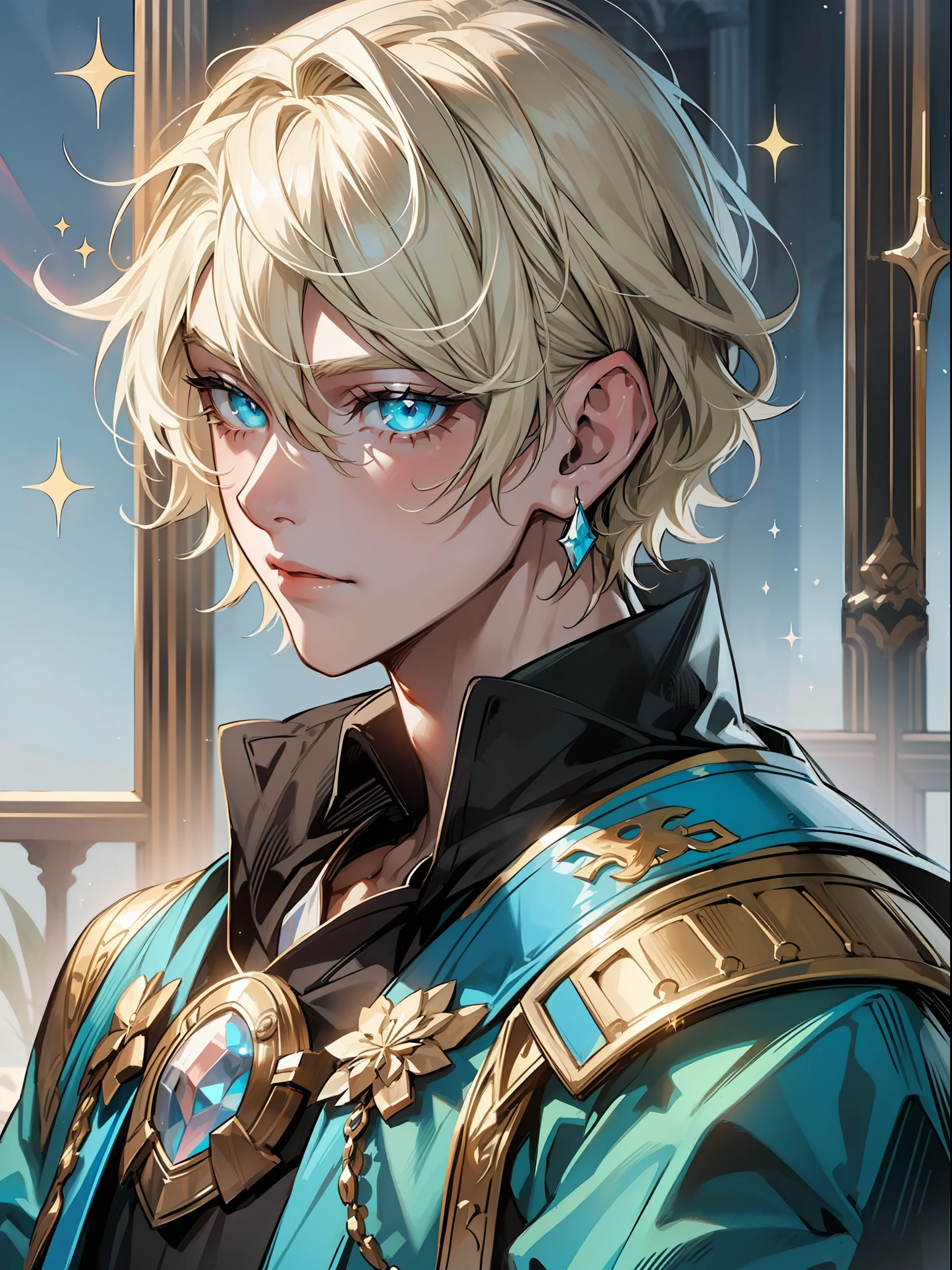 (tmasterpiece), portraite of a, 1boy, amazing quality, Detailed knight-prince, Age 16 years, (Sparkly light, Almost platinum blonde hair), Cyan eyes, faint smile, upper-body, Princely attire