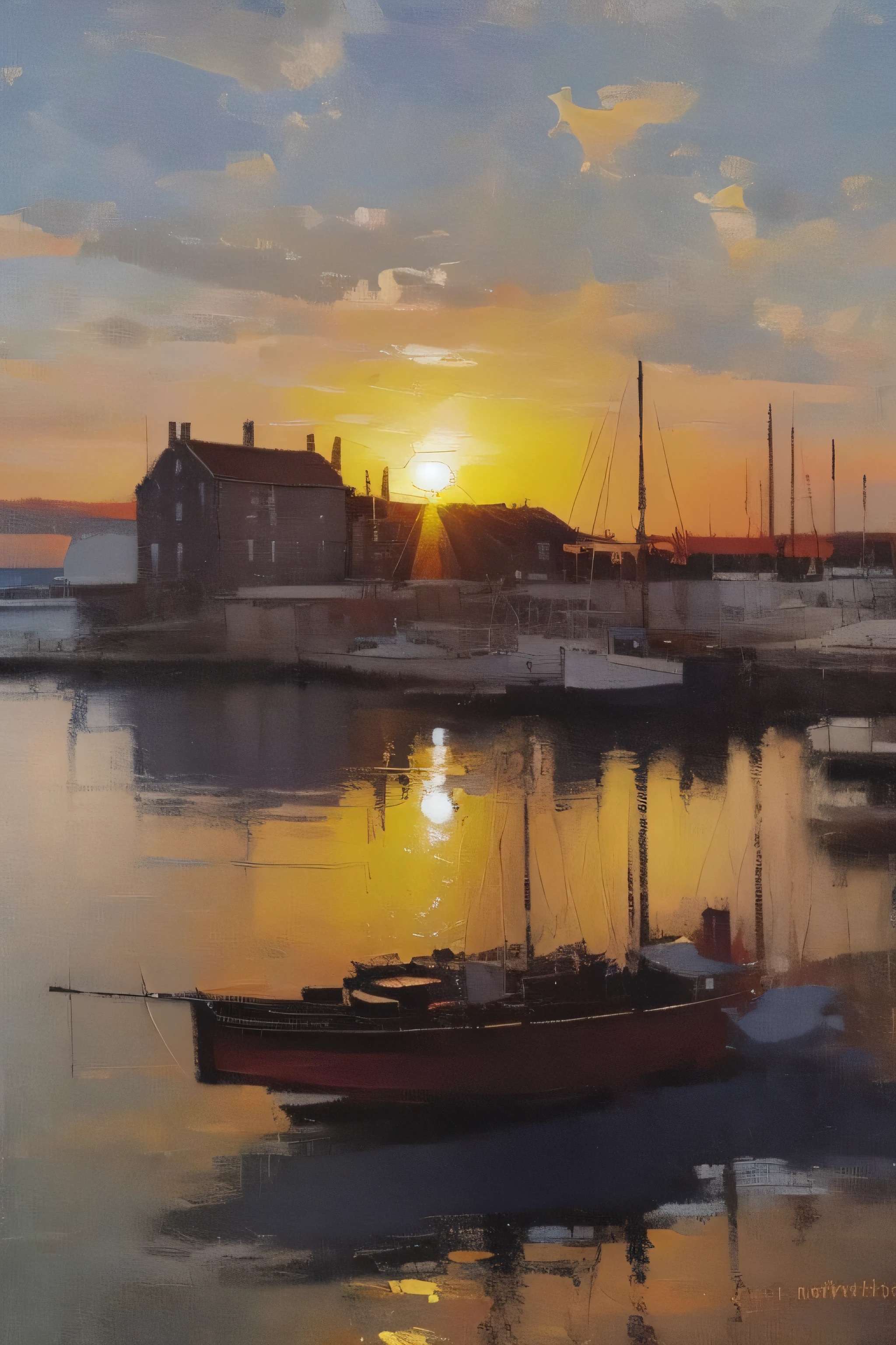 Create a vintage oil painting depicting a maritim scene. The focus should be a quiet coastal town nestled beside a tranquil sea. The town should consist of white-washed houses with red-tiled roofs, their windows reflecting the warm, setting sun. Include a cobbled street winding through the houses and leading to a small, wooden dock. Several fishing boats, their sails lowered, should be gently bobbing on the calm sea waters. In teh distance, the silhouette of a tall stands guard, its beam piercing the early evening haze. Above it all, paint a sky ablaze with the colors of the setting sun, casting long, dramatic shadows across the landscape, In the style of Jean-Louis-Ernest Meissonier.