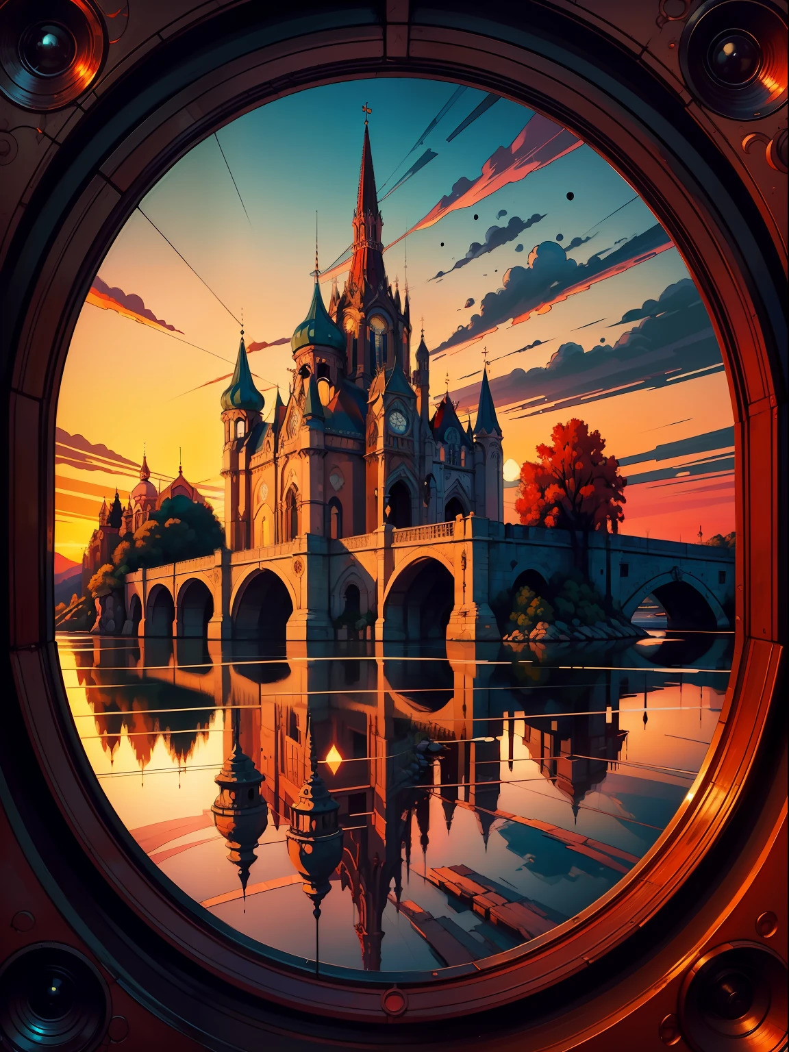 fantasy00d, Ilustraciones en tonos pastel, Landscape of a mythical [(magical place: 1.2, colores vibrantes: 1.1, puente, ciudad en el horizonte, 8k) castillo medieval, Sky with Ralampagos in autumn: 3] y Belle poque Enana Roja, al atardecer, energetic, Art of the 50s, Cathode Tube, (arte de Abram Efimovich Arkhipov: 0.8),