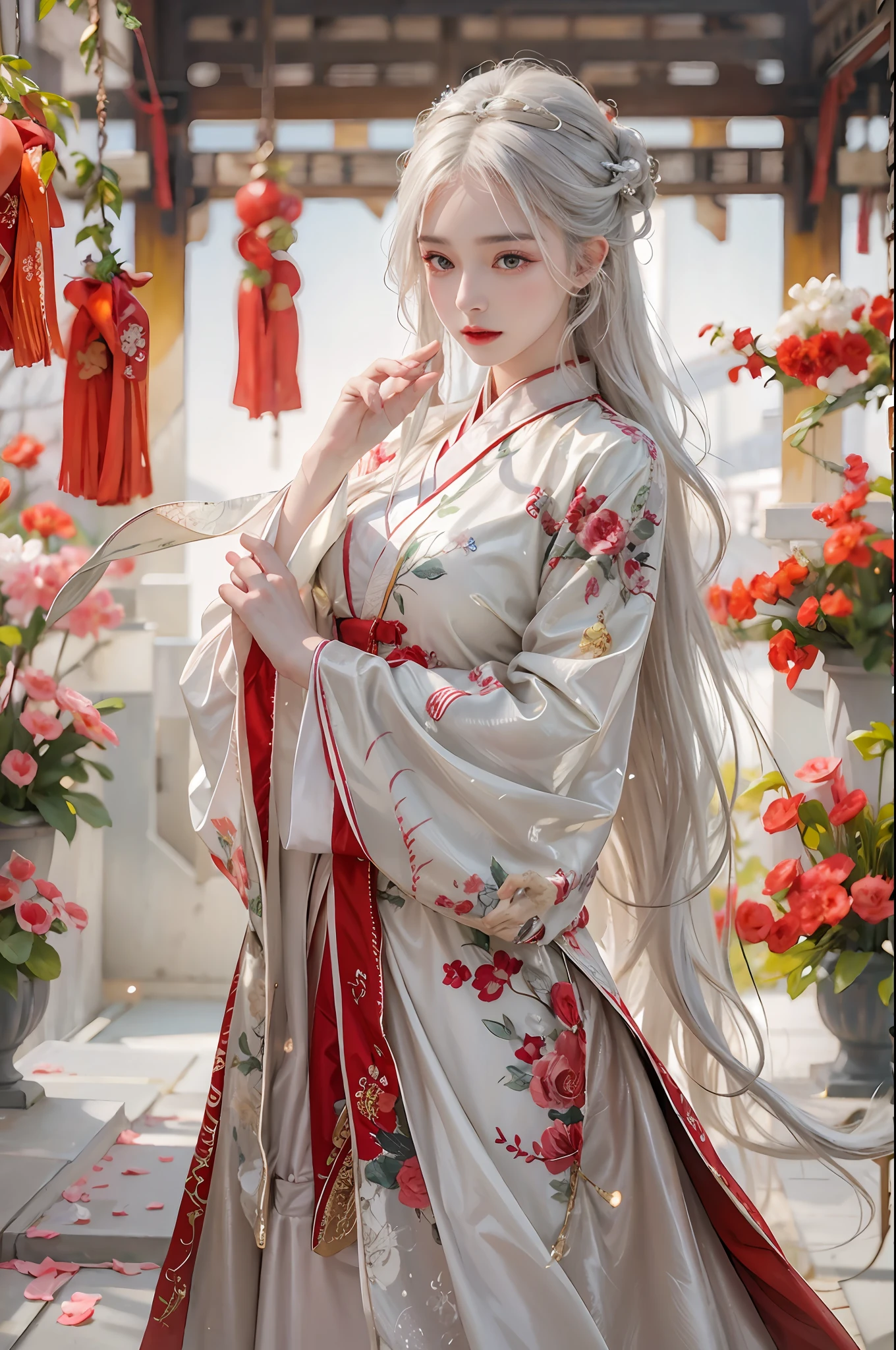 photorealistic, high resolution, soft lights, 1women, shiny skin, finely detailed skin, solo, hips up, look at viewer, (detailed face), white hair, long hair, red wedding hanfu, zshf