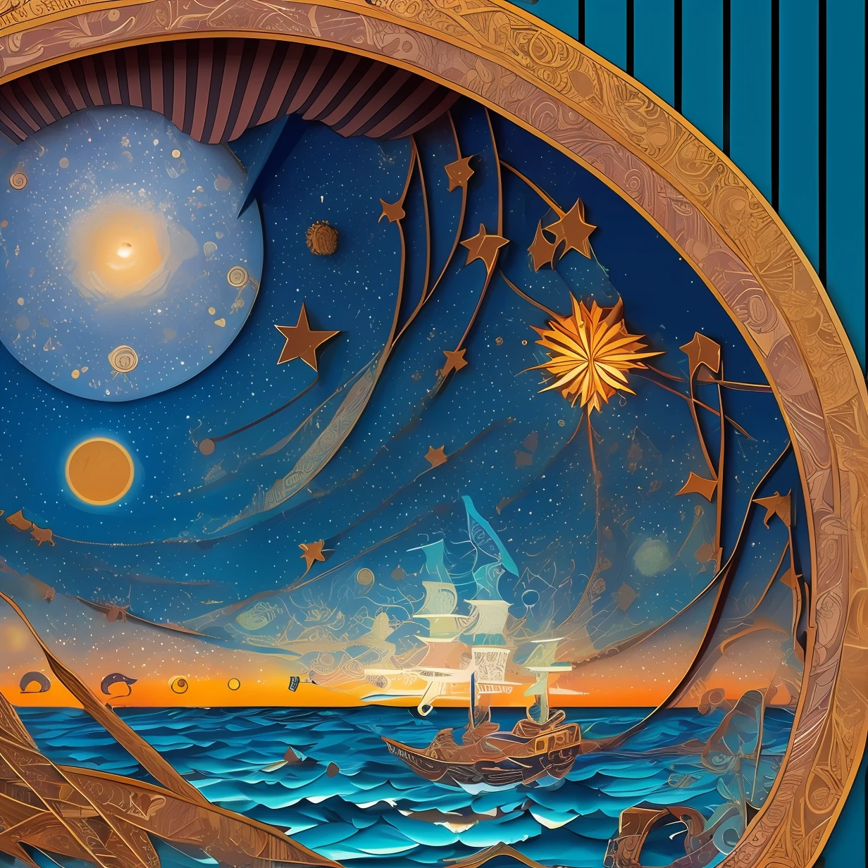 mdjrny-pprct,Santa Monica Pier under starry night sky, intricate details, ornate, (high detailed:1.2),full scene,van Goph