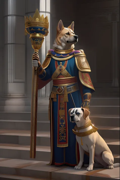 A photo of a dog-man hybrid as powerful emperor, 8K.