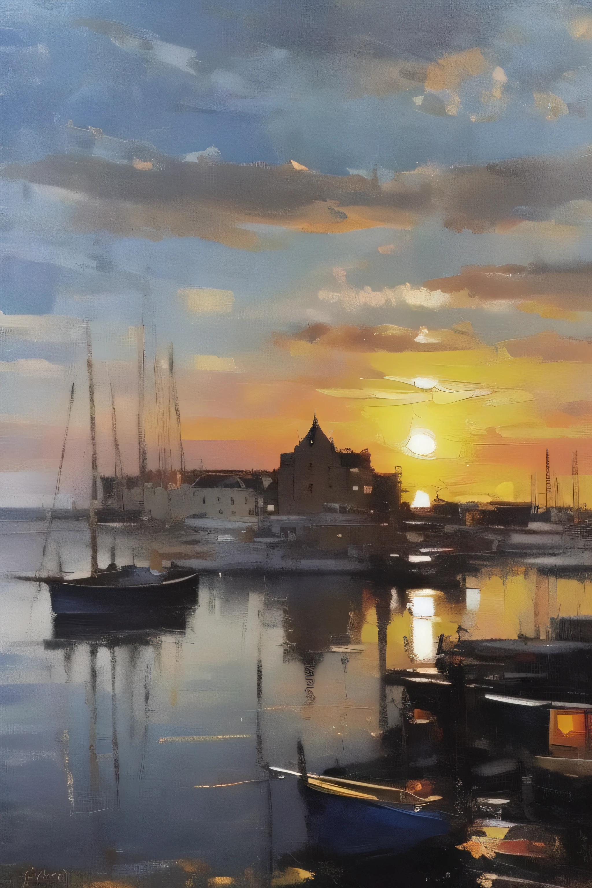 Create a vintage oil painting depicting a maritim scene. The focus should be a quiet coastal town nestled beside a tranquil sea. The town should consist of white-washed houses with red-tiled roofs, their windows reflecting the warm, setting sun. Include a cobbled street winding through the houses and leading to a small, wooden dock. Several fishing boats, their sails lowered, should be gently bobbing on the calm sea waters. In teh distance, the silhouette of a tall stands guard, its beam piercing the early evening haze. Above it all, paint a sky ablaze with the colors of the setting sun, casting long, dramatic shadows across the landscape, In the style of Jean-Louis-Ernest Meissonier.