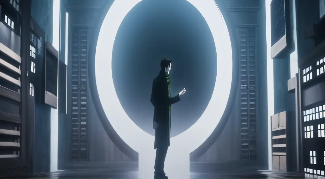 arafed image of a man standing in a dark room with a large circle, youtube video screenshot, still from a music video, opening s...