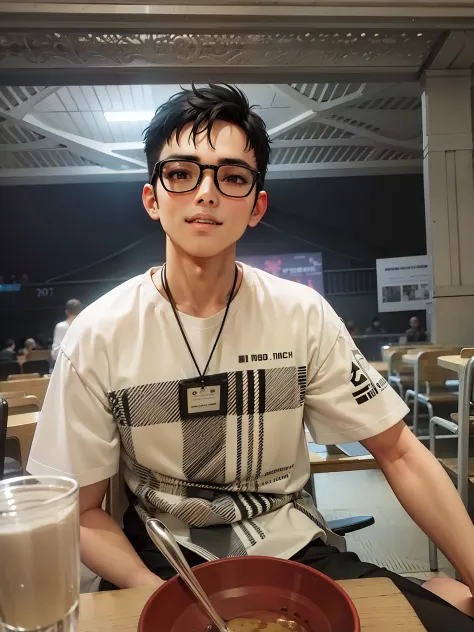 1 man, wearing glasses, black hair, white shirt, sitting, handsome, handsome man, looking at the audience