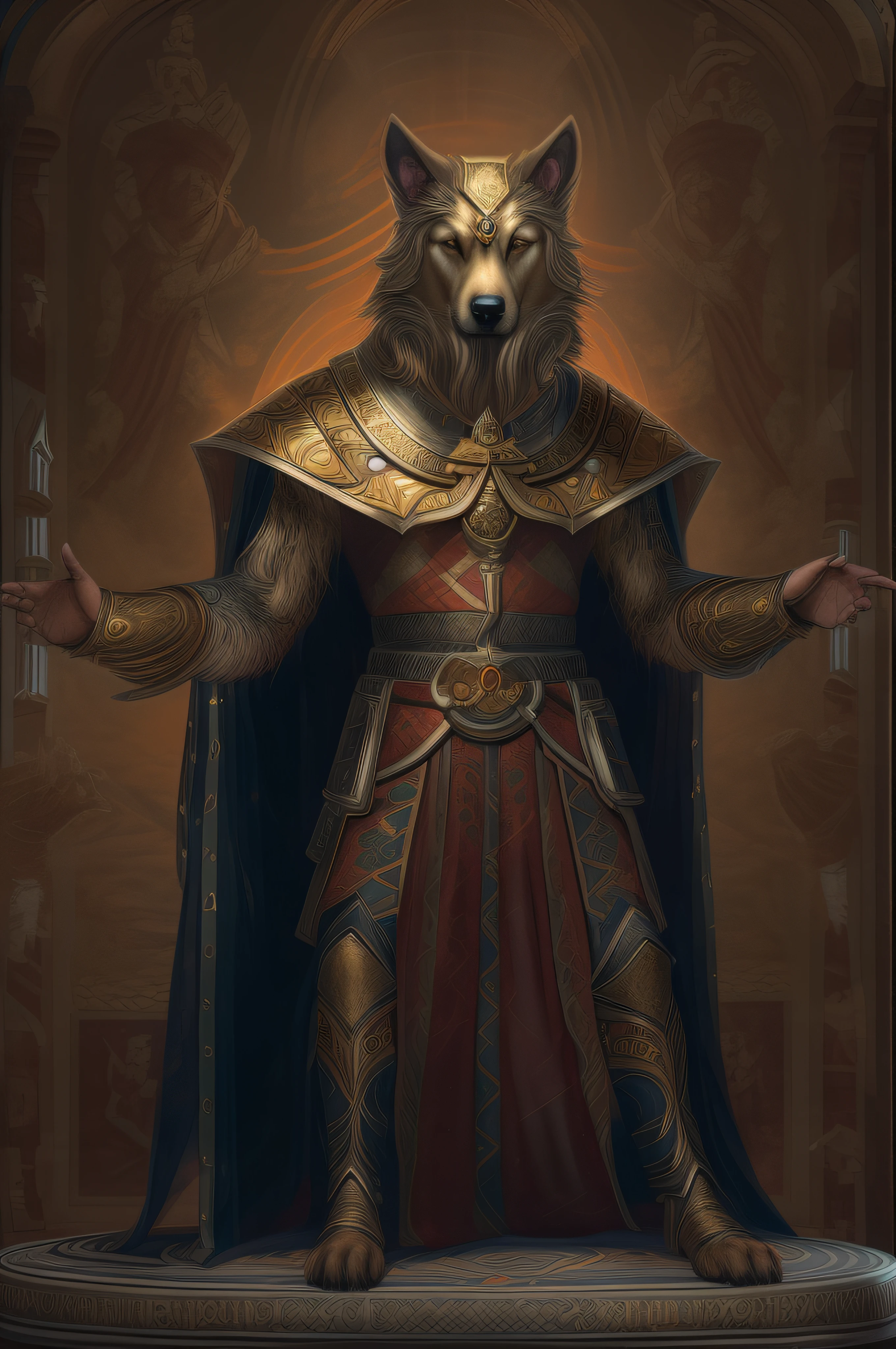 A photo of a dog-man hybrid as powerful emperor, 8K.