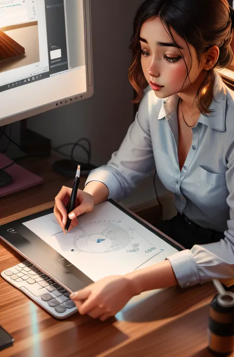 woman sitting at a desk drawing on a piece of paper, draw with wacom tablet, desenho profissional, digitally draw on wacom table...