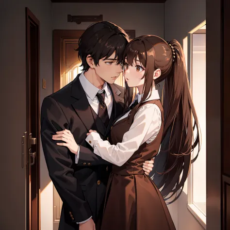 Masterpiece, Best quality, A high resolution, A high school girl wears a long ponytail，Chocolate colored hair，Wearing a black vest，Brown coat，Short brown skirt，Kissing a brown-haired boy