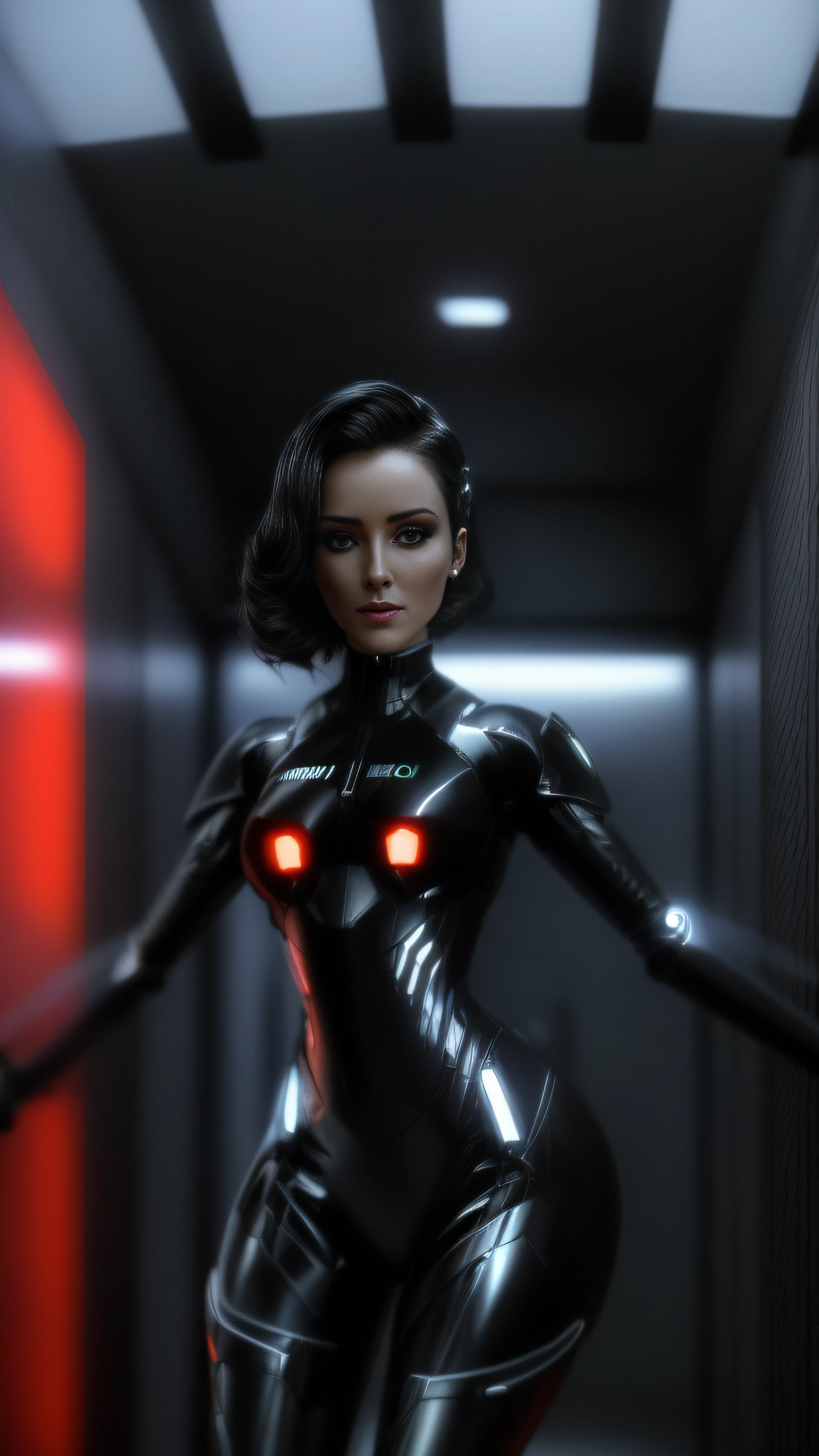 A closeup of a woman in a black suit standing in a room, 3 d render arte do caractere 8 k, sci-fi android feminino, sci fi female character, 8k portrait render, sci - personagem de fi, cybernetic suit, Arte cyberpunk 8K ultrarrealista,  ciborgue bonito, sci-fi feminino, cybernetic suit, scifi character render, beautiful female android