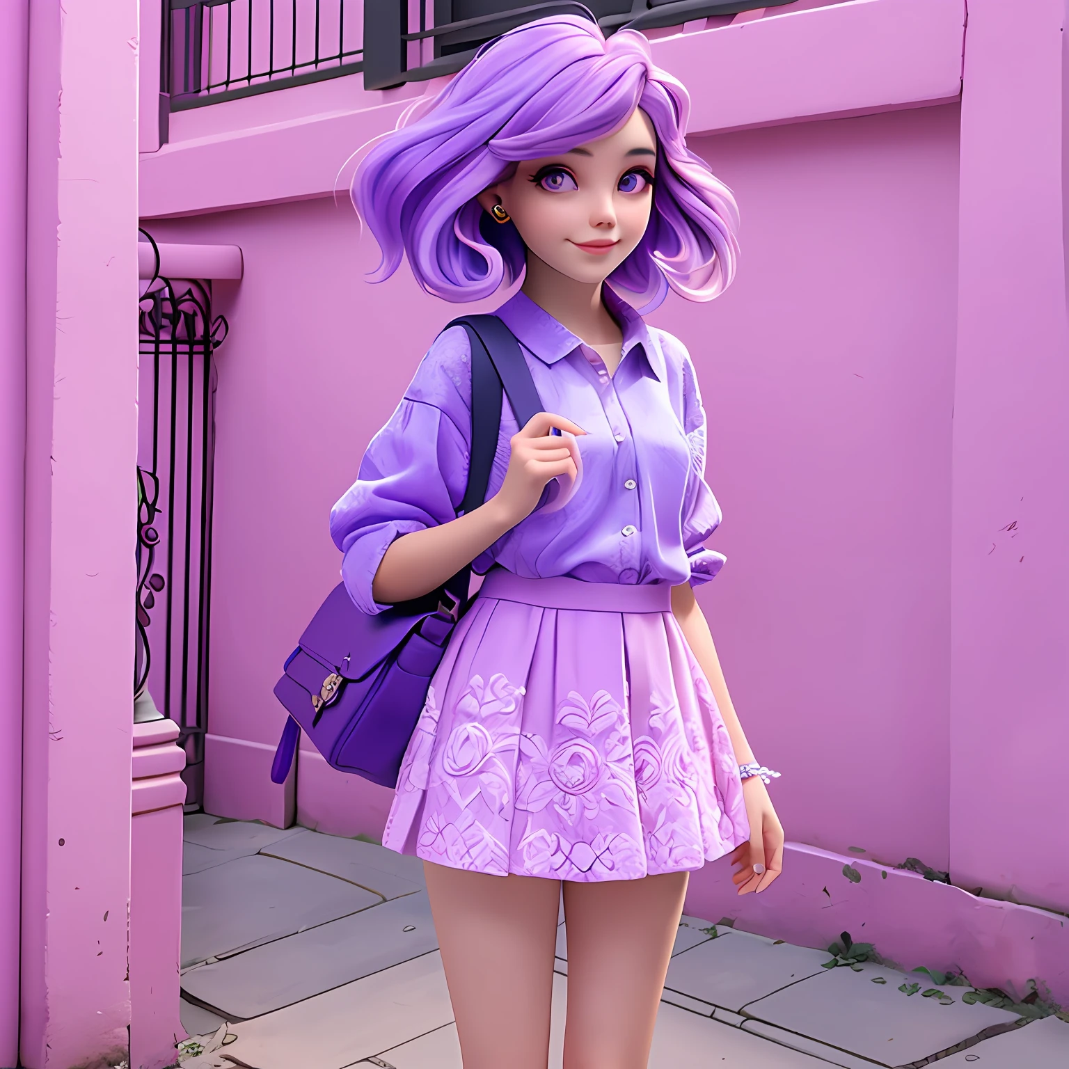 uma menina jovem, Seu cabelo esta solto, with delicate lace, purple lilac tone with light pink locks, roupas leves, mochila, fone de ouvido, dread's roxo escuro, corpo inteiro, The background is filled with a pastel shade, evoking a sense of lightness and happiness.