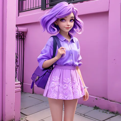 uma menina jovem, seu cabelo esta solto, with delicate lace, purple lilac tone with light pink locks, roupas leves, mochila, fon...