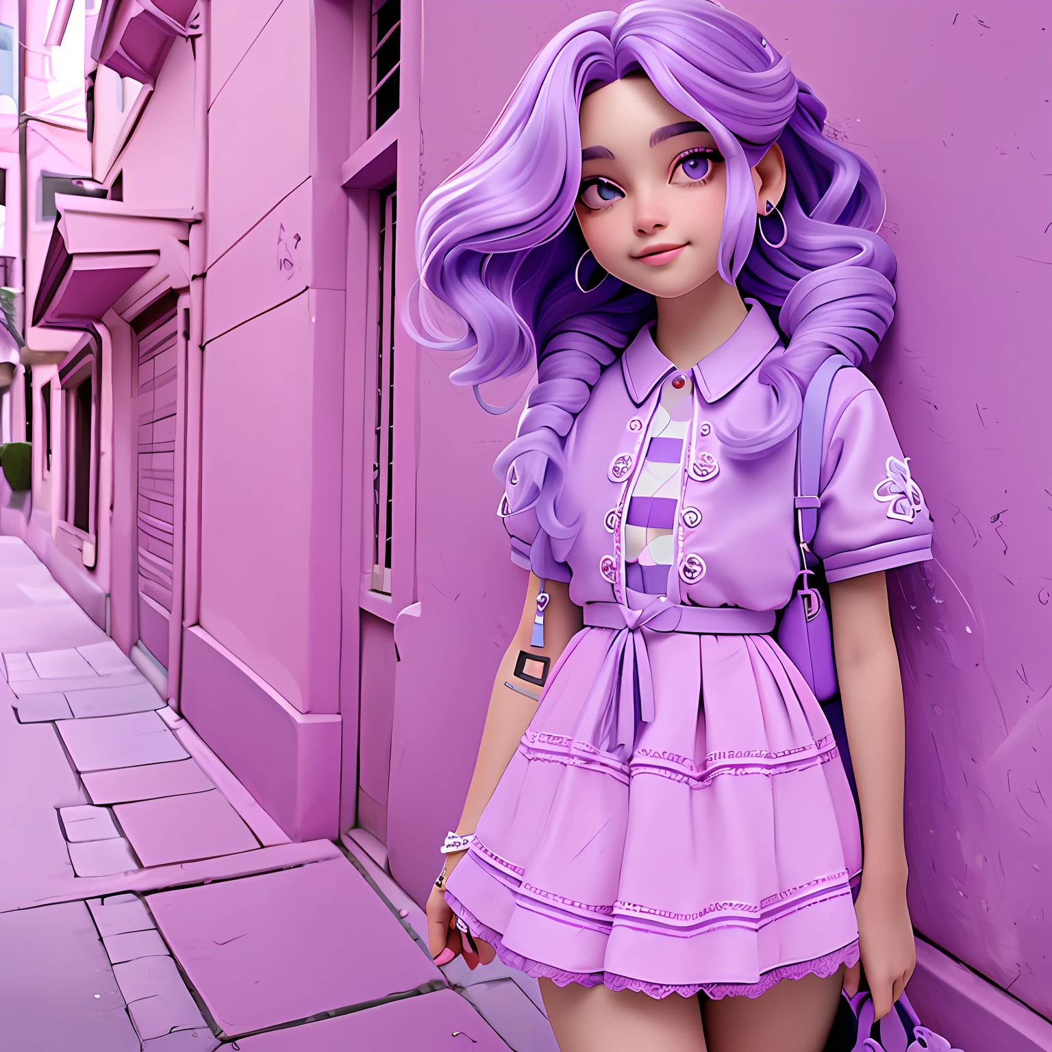 uma menina jovem, Seu cabelo esta solto, with delicate lace, purple lilac tone with light pink locks, roupas leves, mochila, fone de ouvido, dread's roxo escuro, corpo inteiro, The background is filled with a pastel shade, evoking a sense of lightness and happiness.