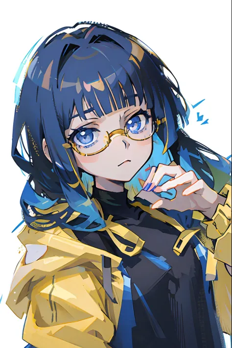 Anime girl with glasses and yellow jacket, Anime moe art style, 2 d anime style, unknown artstyle, Anime art style, in an anime ...