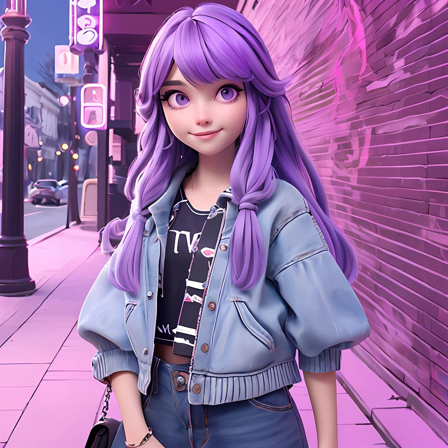 uma  jovem, Seu cabelo esta solto, com rendas delicadas, purple lilac tone with dark grey light dread's locks, roupas leves, mochila, fone de ouvido, dread's roxo escuro, corpo inteiro, The background is filled with a pastel shade, evoking a sense of lightness and happiness.