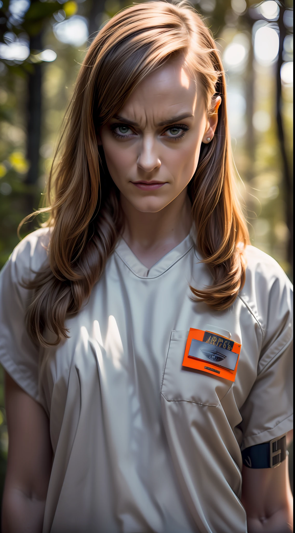 (((Piper Chapman, of the series "orange is the new black", inspirada em Taylor Schilling))), appearance of 38 years, ((Autorretrato frontal)), 8k UHD, DSLR, grain of film, Pintura fotorrealista, sorrindo, olhar sedutor, in a setting of a dark dark forest. estilo filme de terror, Auto retrato de rosto frontal, posing for camera,,lowangle, 24 mm, (((foco nítido:1.5))), (((profundidade de nitidez:1.5))), (fotorrealista:1.5), (textura da pele:1), cinemactic, hiperdetalhado,