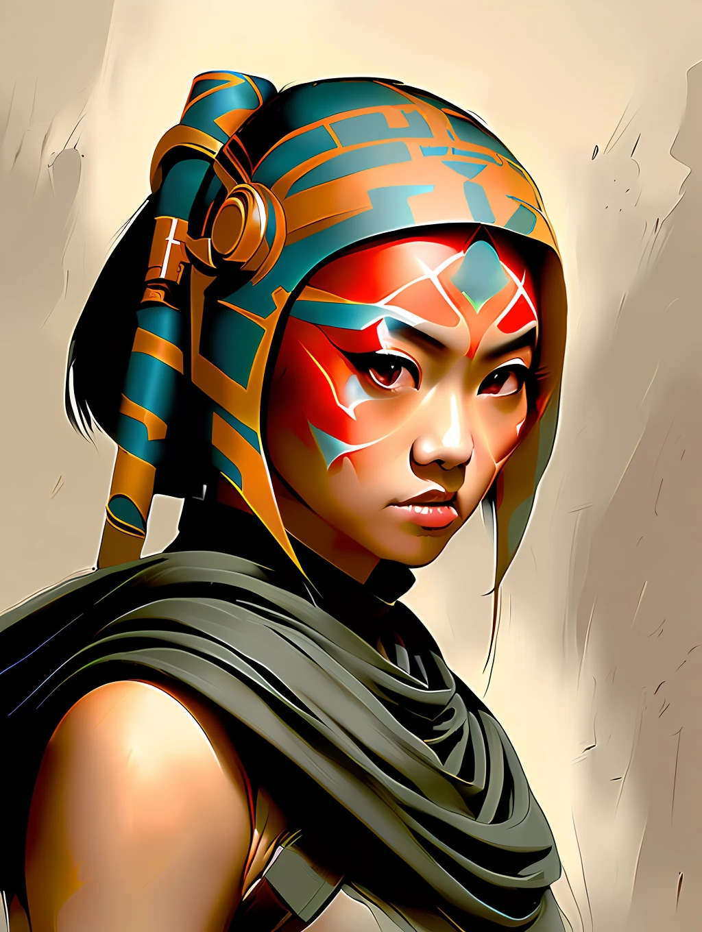 Painting of a woman with a colorful face paint and a helmet - SeaArt AI