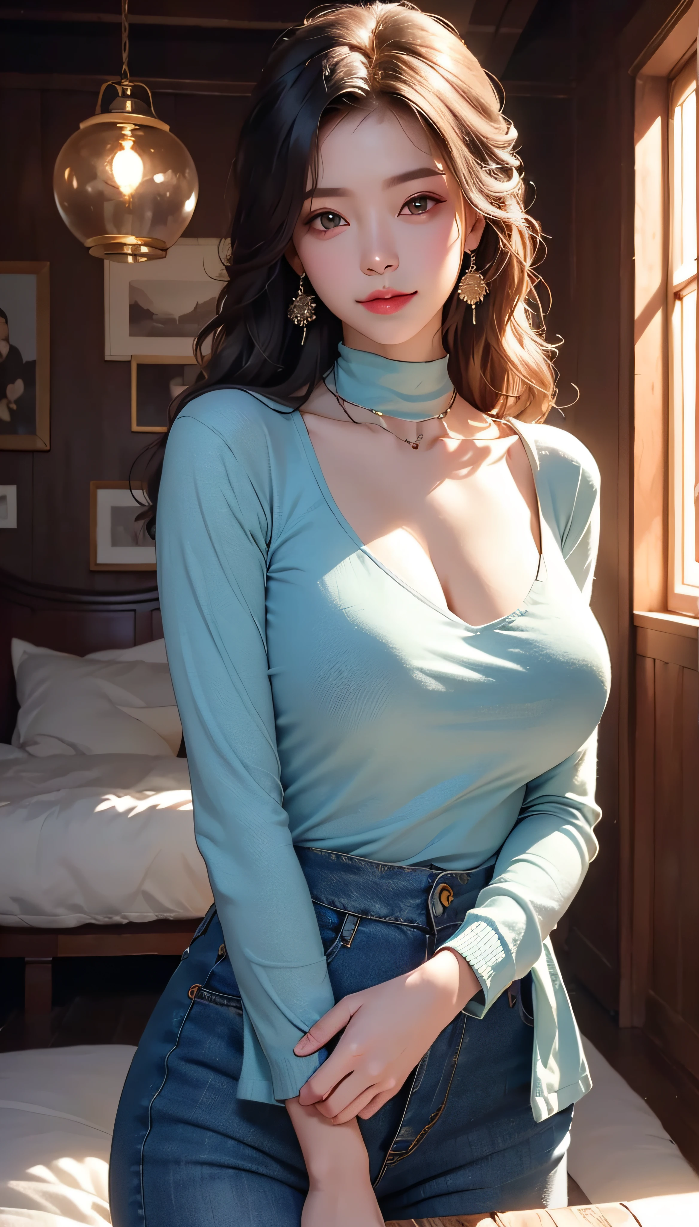 (1girll:1.3)、solo、__Body parts__、offcial art、Unity 8k wallpaper、ultra - detailed、Beauty and aesthetics、big breasts beautiful、tmasterpiece、best qualtiy、Fantastical Atmosphere、calm color palette、tranquil mood、soft shade、house wife，Light sweater，high waisted jeans，Smart hairstyle，cinmatic lighting，Necklace earrings、looking to the camera，Light smile，Huge chest：1.3