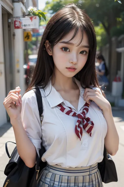 in 8K、超A high resolution、Top image quality、​masterpiece、A hyper-realistic、a picture、女の子1人、(sixteen years old:1.3)、Cute little girl s、cute  face、beautiful detail、(School Girl)、(Summer Uniforms:1.5)、(Medium big breasts:1.2)、(((radiant eyes))、