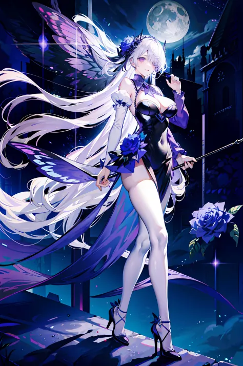 silber hair，butterflys，long whitr hair，8k wallpaper，detailedbackground，Highest high resolution，deep v big breasts，Hair covers one eye，Bandeau，Church background，Purple roses，tight-fitting，themoon，high-heels