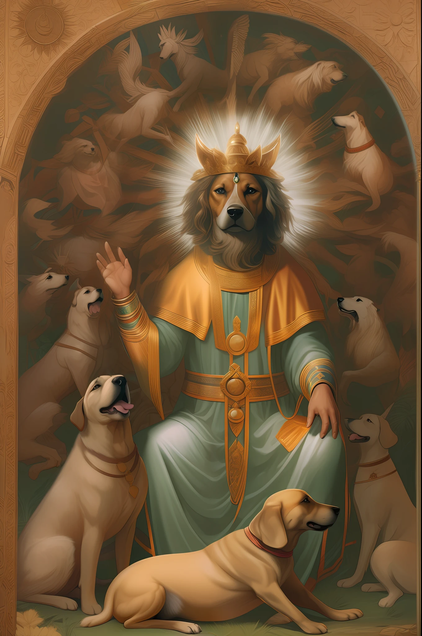 Imagen de un híbrido perro-hombre como dios adorado por otros perros, imagen divina, religiosa, 8K.