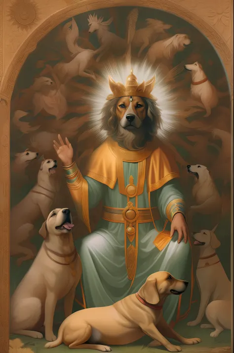 Image of a dog-man hybrid as a god worshipped by other dogs, imagem divina, religiosa, 8K.