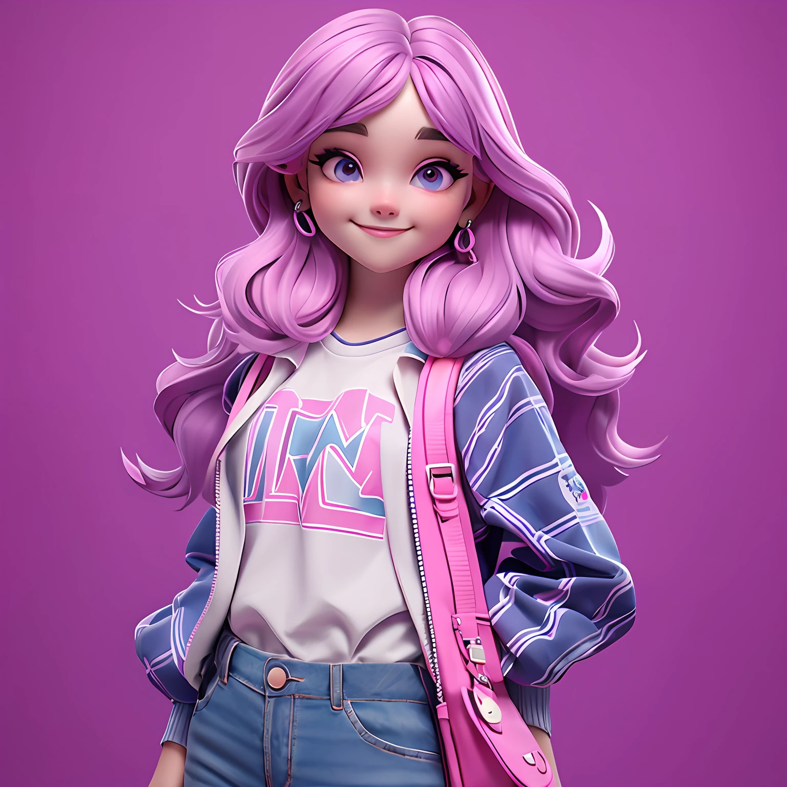 uma menina jovem, Seu cabelo esta solto, com rendas delicadas, tom verde neon com madeixas cinza e preto claro, roupas leves, mochila, fone de ouvido, dread's roxo escuro, corpo inteiro, The background is filled with a pastel shade, evoking a sense of lightness and happiness.