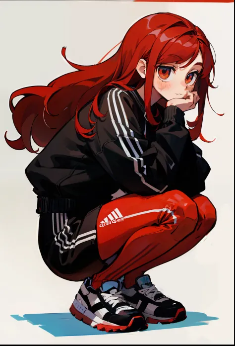 Red hair, 1Girl, Adidas Clothing, squat down, Long-haired
