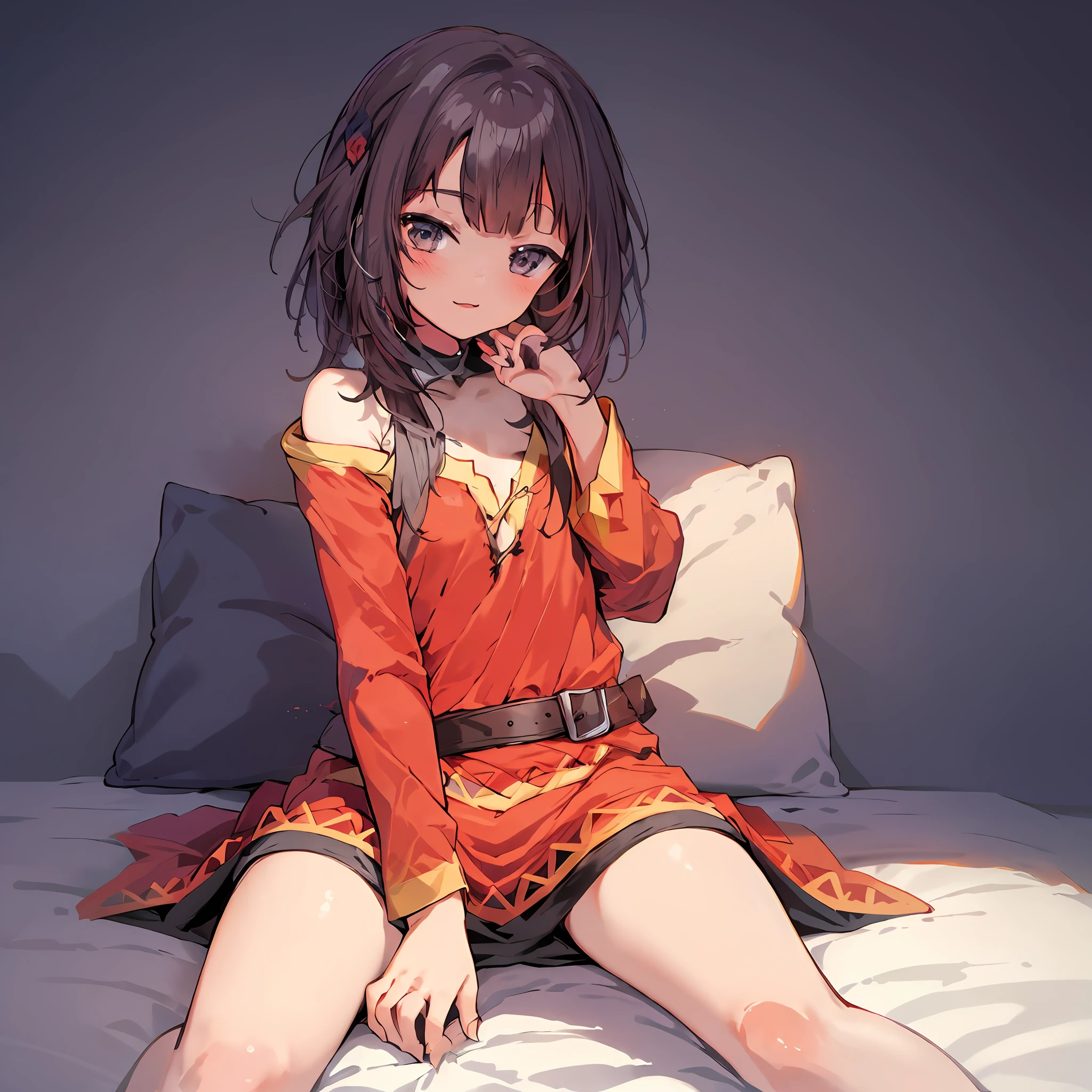 megumin,1 girl,gawr gura,small tits,red Biru,long sidelocks,brown hair,Short hair,sitting on,BREAK (masterpiecebest quality,Perfect Anatomy,perfect hands,perject limb,high details),