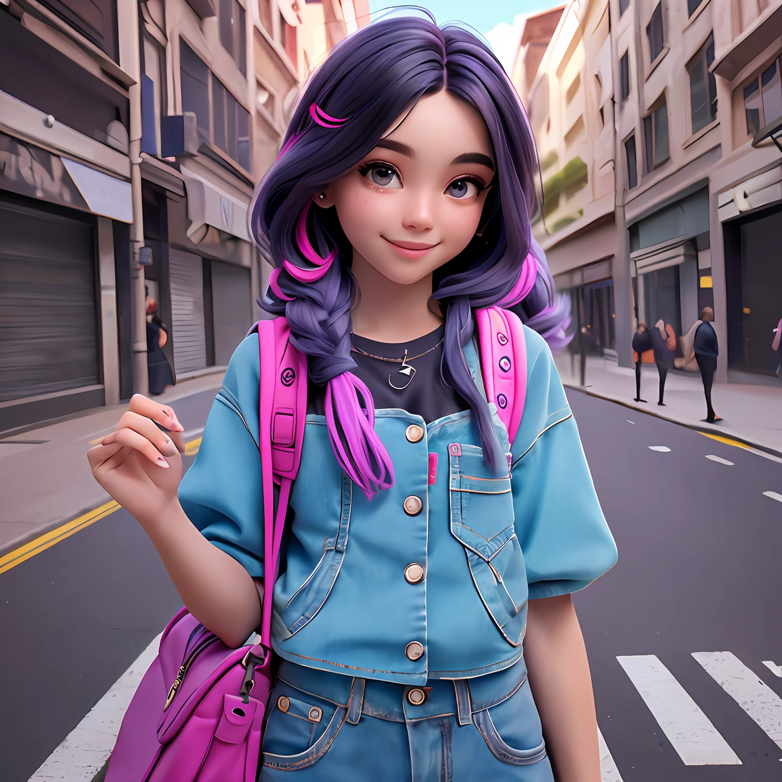 uma menina jovem, Seu cabelo esta solto, com rendas delicadas, tom verde neon com madeixas cinza e preto claro, roupas leves, mochila, fone de ouvido, dread's roxo escuro, corpo inteiro, The background is filled with an urban tone, evoking a sense of lightness and happiness.