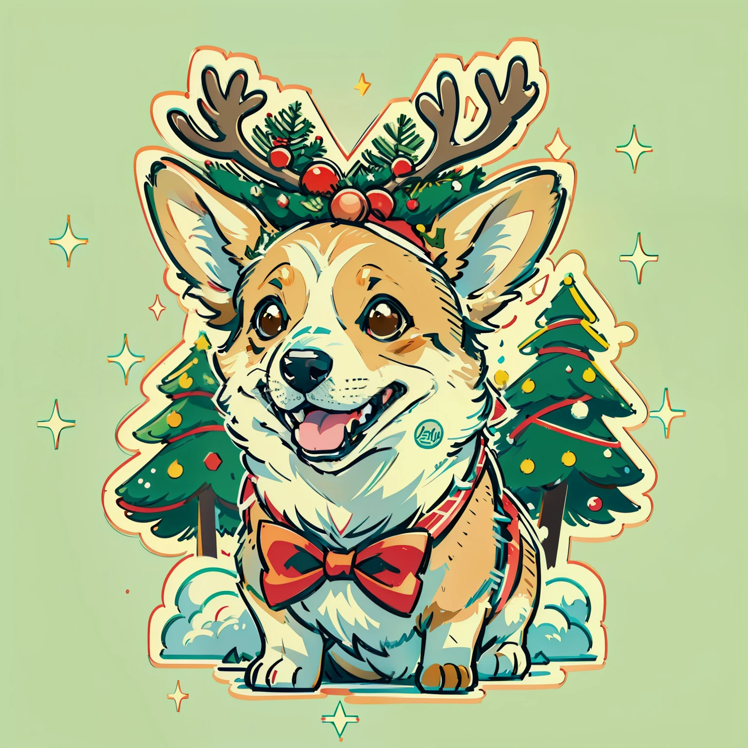 "cute corgi smile wearing a reindeer hat and a bow tie, pine tree Snow behind, merry christmas style, ultra high detail, (((white background))), cartoon Style, vector illustration, high quality, 12k, solid colors, ornate, 6 warm colors, sticker design, professional t shirt design, vector t shirt art ready to print, (Masterpiece, Best Quality, Highres:1.4)"