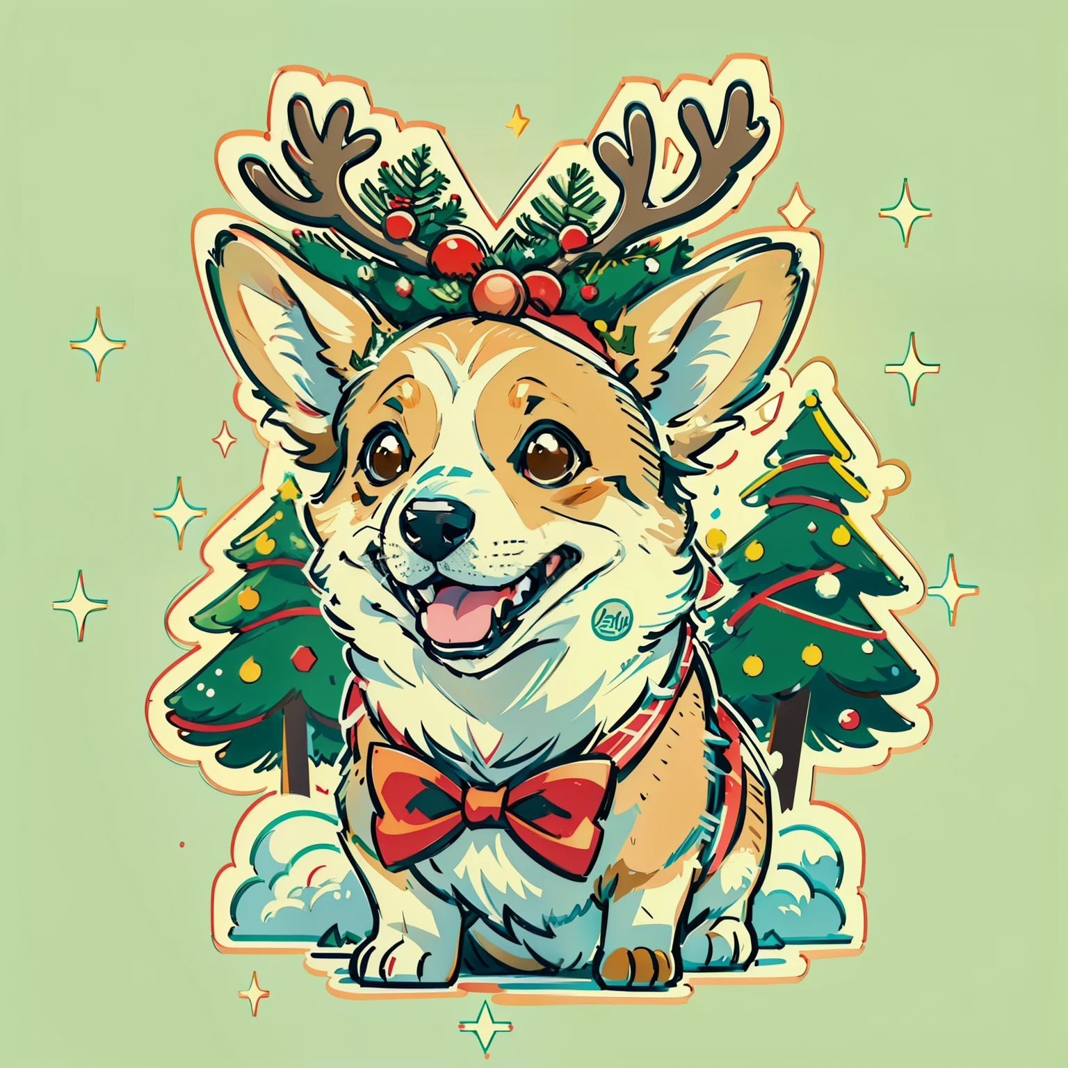 "sorriso corgi bonito usando um chapéu de rena e uma gravata borboleta, pinheiro Neve atrás, Estilo Feliz Natal, Detalhes ultra-altos, (((fundo branco))), estilo de desenho animado, ilustração vetorial, alta qualidade, 12 mil, cores sólidas, ornamentado, 6 cores quentes, design de adesivo, design de camiseta profissional, arte de camiseta vetorial pronta para imprimir, (Obra de arte, melhor qualidade, alta resolução:1.4)"