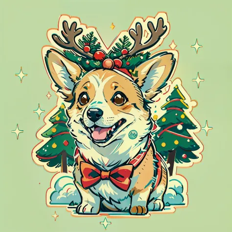 "cute corgi smile wearing a reindeer hat and a bow tie, pine tree Snow behind, merry christmas style, ultra high detail, (((white background))), cartoon Style, vector illustration, high quality, 12k, solid colors, ornate, 6 warm colors, sticker design, professional t shirt design, vector t shirt art ready to print, (Masterpiece, Best Quality, Highres:1.4)"