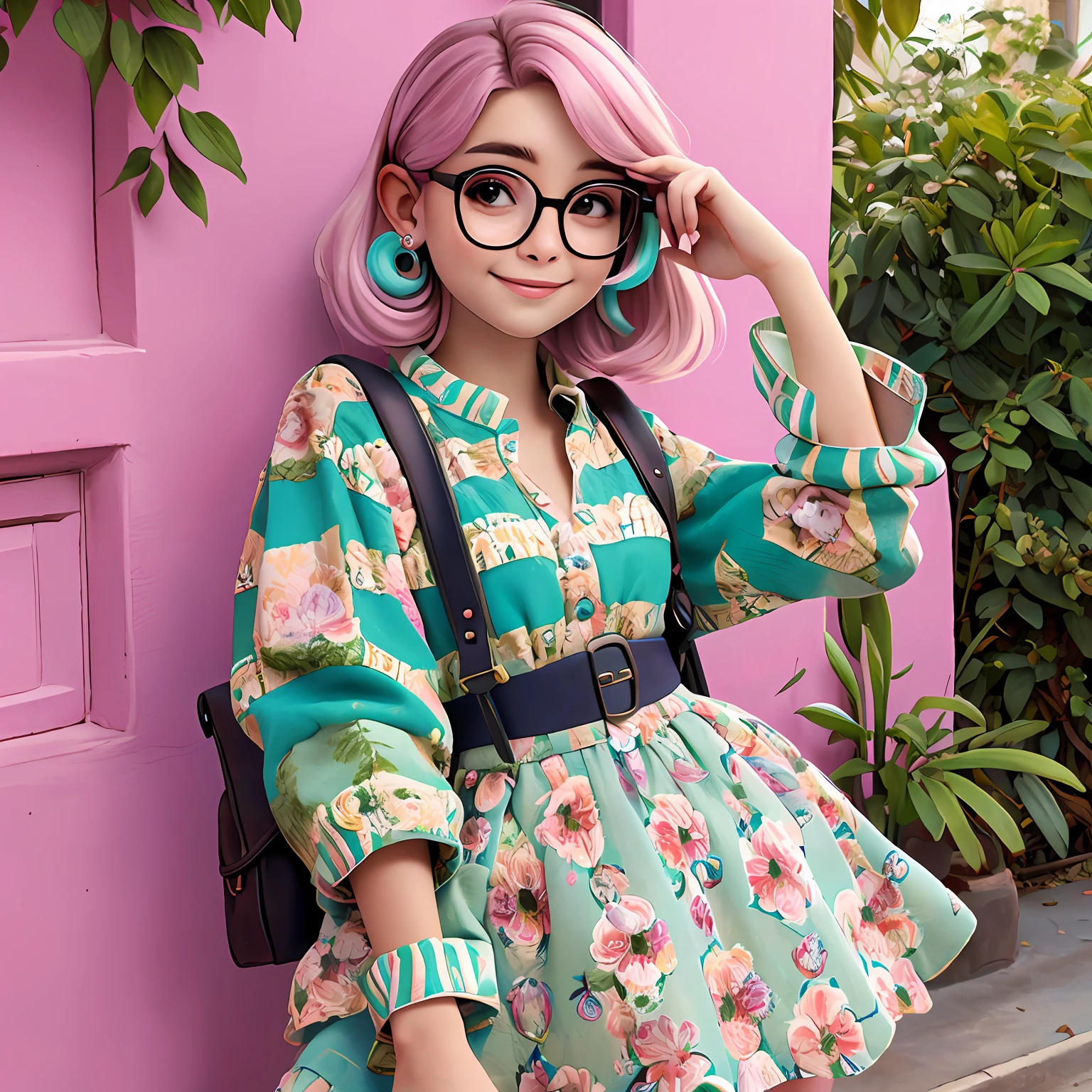 uma menina jovem, Seu cabelo esta solto, Eyeglasses, com rendas delicadas, tom amarelo acizentado com madeixas marrom escuro, roupas leves, mochila, fone de ouvido, dread's roxo escuro, corpo inteiro, The background is filled with a pastel shade, evoking a sense of lightness and happiness.