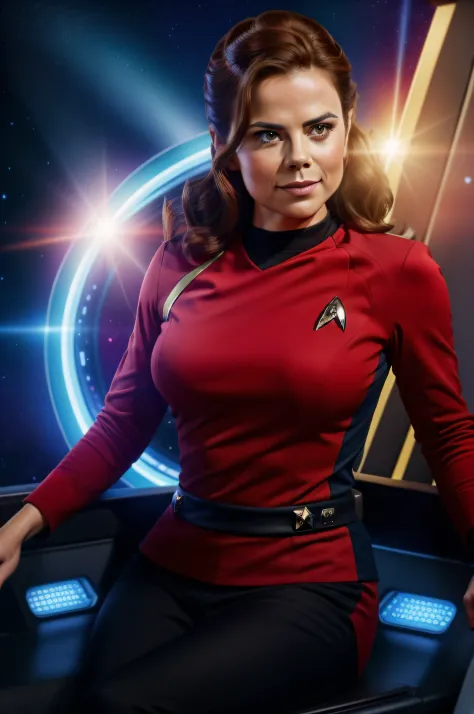 (Thirty year old) woman, on a starship, dressed in Star Trek uniform, red tosunfm, star Trek, vibrant colours, beautiful legs, s...