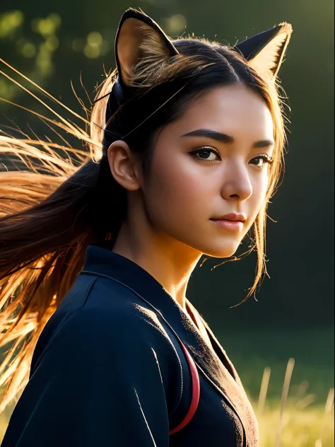 (best quality, masterpiece), 1girl, samurai, particle, wind, looking at viewer, fox ear, backlighting, upper body, pose