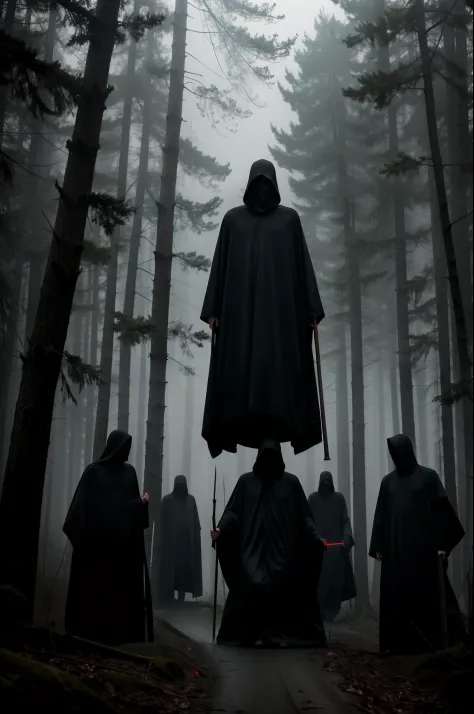 In the foggy forest roads line up cultists or Grim Reaper with scythes，They wore black robes and hoods，No face to see，In the distance lies corpses，Above the corpse floats souls，Red edge light，luminous red eyes，Scary gloomy atmosphere，Evoke fear，SENSE OF CI...