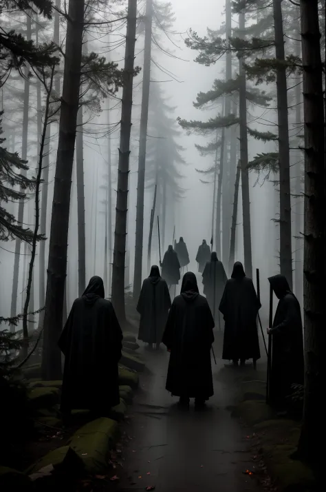 In the foggy forest roads line up cultists or Grim Reaper with scythes，They wore black robes and hoods，No face to see，In the distance lies corpses，Above the corpse floats souls，Red edge light，luminous red eyes，Scary gloomy atmosphere，Evoke fear，SENSE OF CI...